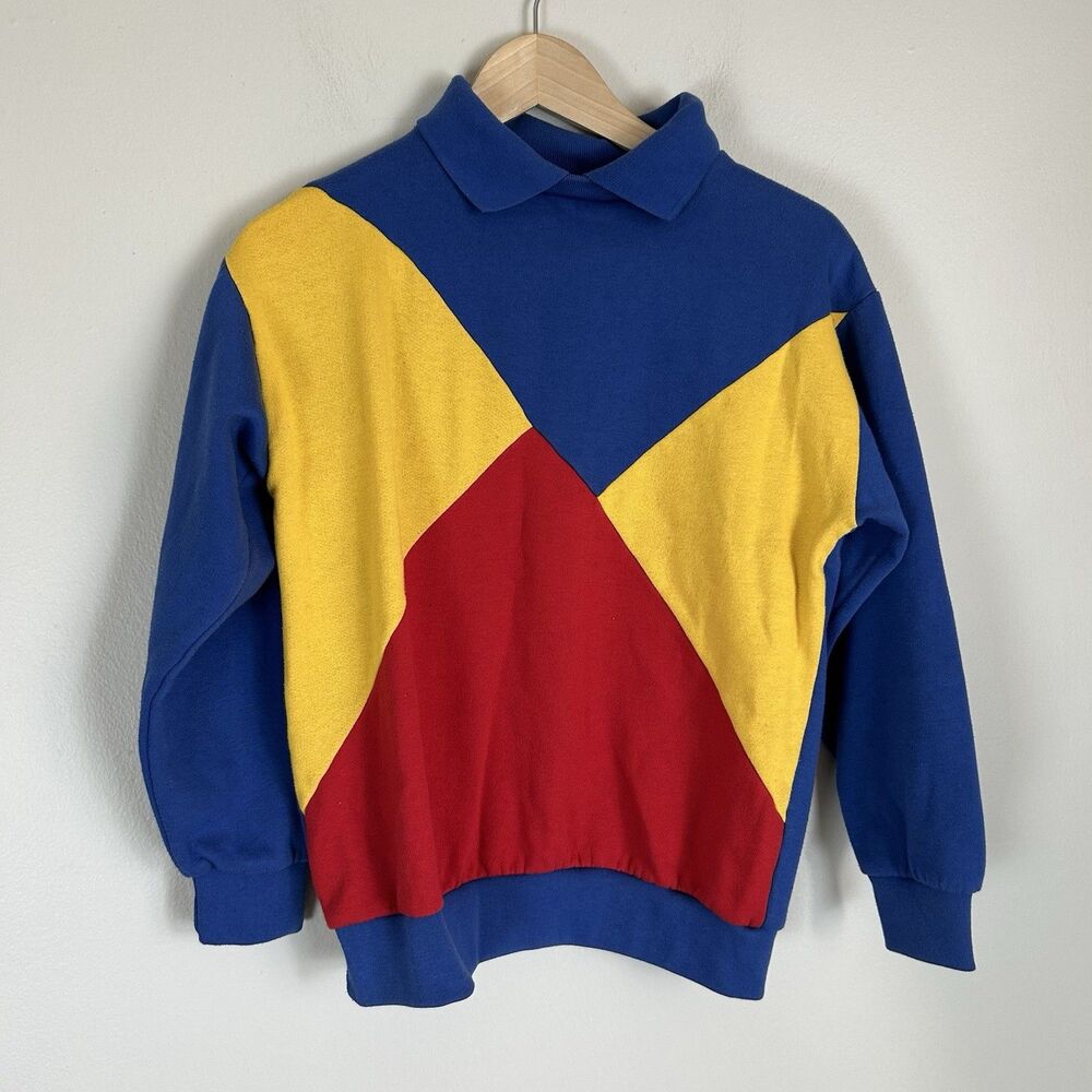 Vintage M Retro 90s Sweatshirt Polo Color block Yellow Red Collared Pullover Ski